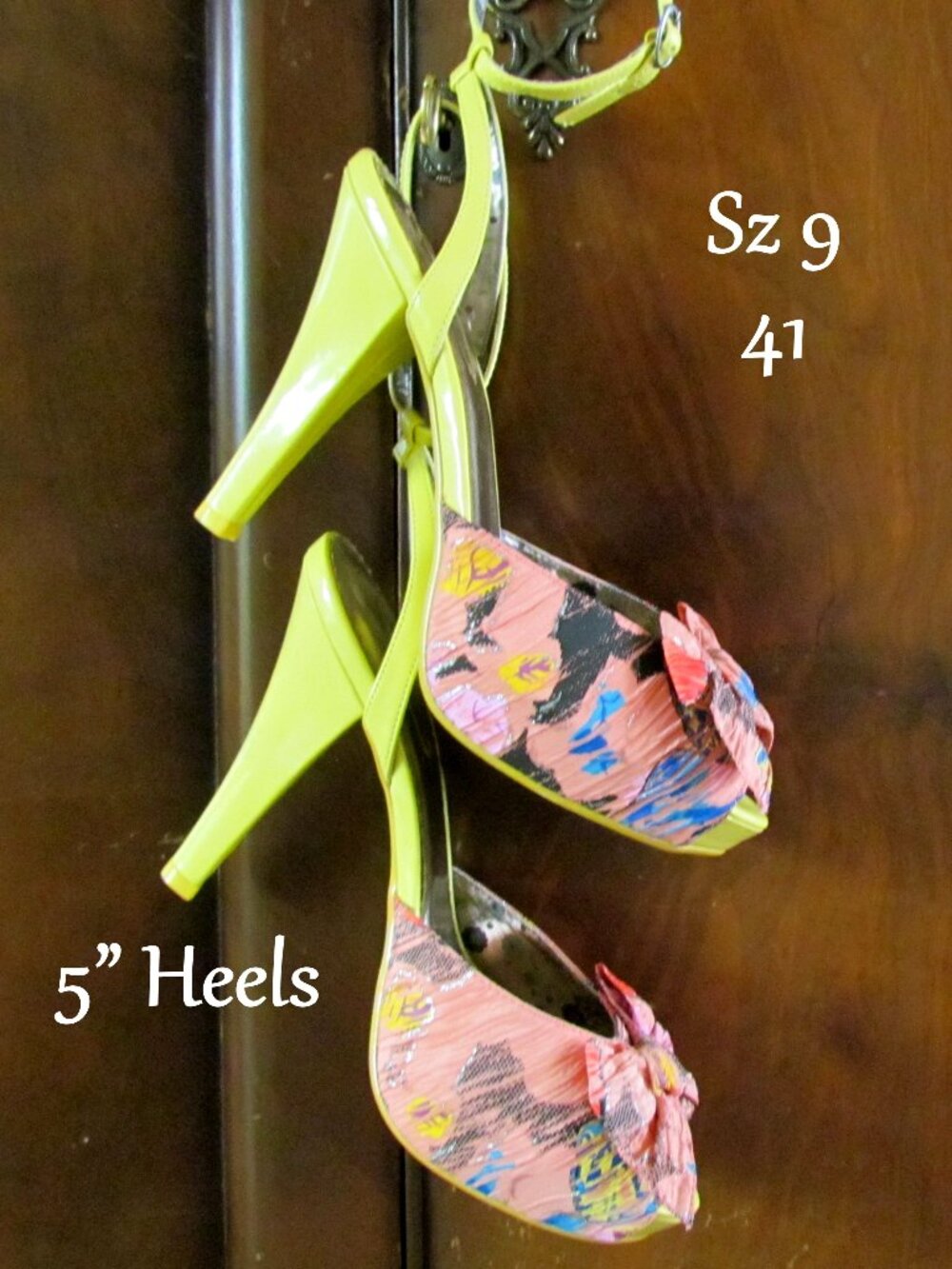 POETIC LICENSE SHOES, 9; 41, PINK & YELLOW BOWS, PLATFORM ANKLE STRAP 5" HEELS